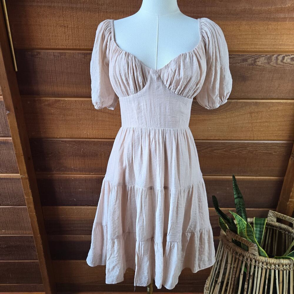 NWT Aiyana Womens Puff Sleeve Tiered Mini Dress 10 Sweetheart Neck Boho Cottage